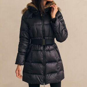 S13/NYC Black Puffer Belted Long Faux Fur Jacket Size Small